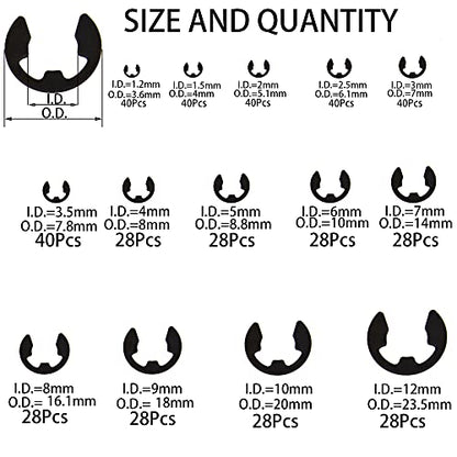 462Pcs Black Alloy Steel E-Clip External Retaining Clamps Ring Washer Circlip Snap Retainer Rings Assortment Kit,14 Sizes(1.2-12mm)
