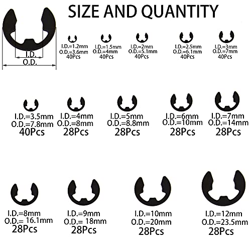 462Pcs Black Alloy Steel E-Clip External Retaining Clamps Ring Washer Circlip Snap Retainer Rings Assortment Kit,14 Sizes(1.2-12mm)