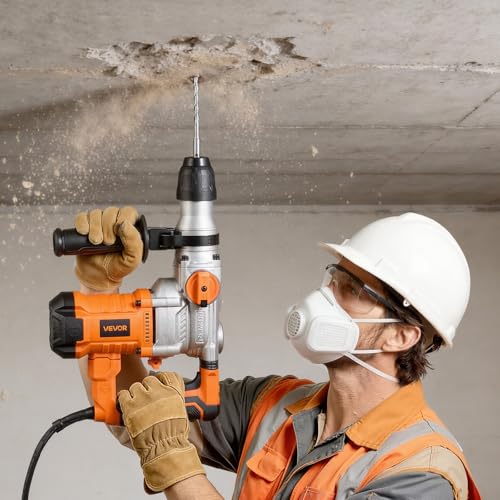 VEVOR Rotary Hammer Drill, 1-1/8 in SDS-Plus Electric Corded Heavy Duty Rotary Hammer, Including 3 Drill Bits, Flat Chisel, Pointed Chisel, Grease, Brush, and Carrying Case, for Concrete and Masonry - size: 1-1/8 in