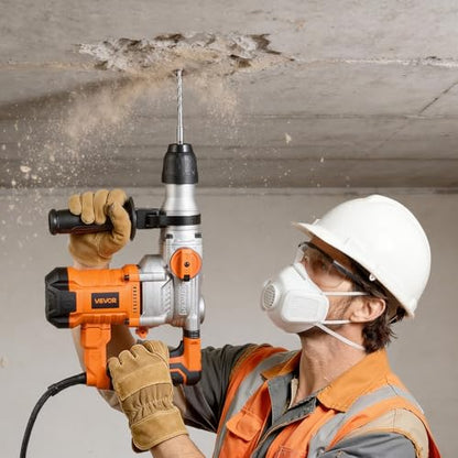 VEVOR Rotary Hammer Drill, 1-1/8 in SDS-Plus Electric Corded Heavy Duty Rotary Hammer, Including 3 Drill Bits, Flat Chisel, Pointed Chisel, Grease, Brush, and Carrying Case, for Concrete and Masonry - size: 1-1/8 in
