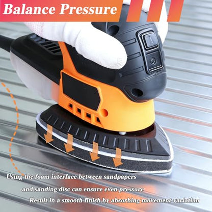 33pcs Sand Paper Mouse Sander Sandpaper 60-1500 Grits with 2pcs Detail Sander Paper Interface Pad Hook and Loop Triangle Sanding Pads with 5 Holes for 140mm Sanding Machine