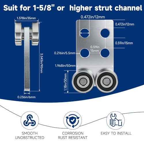 4 Wheel Trolley Rollers.Bearing Trolley Assembly.The top of the Trolley has Room for Set Screws, Allowing the use of a 1-5/8" high Strut Channel - style: B-4Wheel Trolley 1pcs
