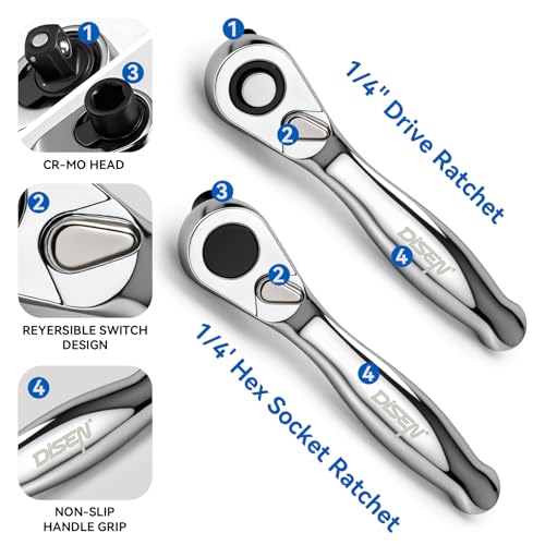 DISEN 15PC Mini Ratchet Wrench Set, 1/4" Drive Ratchet Handle Wrench, Mini Socket Set, Tiny Tools, Small Ratchet, 72-Tooth, Reversible, Cr-V Steel Made, Gifts for Men Dad - size: 15 pieces Mini Ratchet Set - Standard Handle
