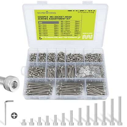 1500PCS M3 Hex Socket Screw Kit, 304 Stainless Steel Fastener Set