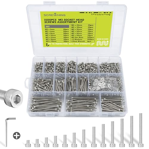 1500PCS M3 Hex Socket Screw Kit, 304 Stainless Steel Fastener Set