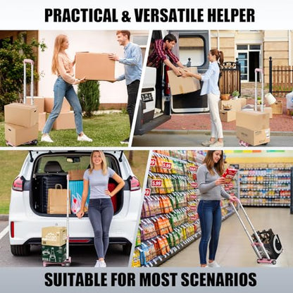 Mini Small Folding Hand Truck Dolly with 2 Tank Wheels, Expandable Base Plate Utility Luggage Cart with 1 Elastic Ropes, Portable Dolly Cart for School Travel Office Moving - color: Pink