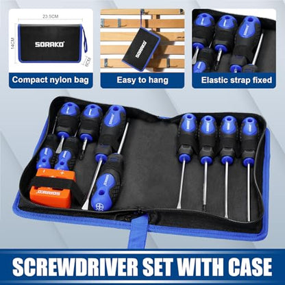 SORAKO 12 Piece Magnetic Screwdriver Set 5 Phillips and 5 Flat 1 Magnetising Tool 1 Storage Bag Professional Cushion Grip Hand Tools Set for Fastening and Loosening Seized