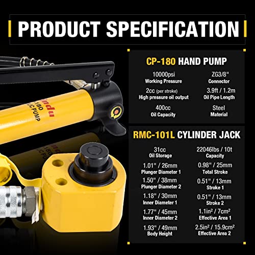 10T Multi-Section Stoke Hydraulic Cylinder Jack Kit RMC-101L 0.98" Stroke + CP-180 400cc Manual Hydraulic Hand Pump Hydraulic Porta Power Kit - style: CP-180+10T(Multi-Section Stoke)