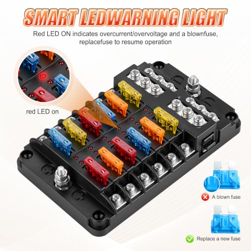 GaRhomxy 12 Way Fuse Block, 12V Marine Fuse Block with LED Warning Indicator, Waterproof Boat Fuse Panel & Power Distribution Block, 12-24V DC Fuse Box for Car Boat Marine RV Truck Van ATO/ATC - size: 12 Way