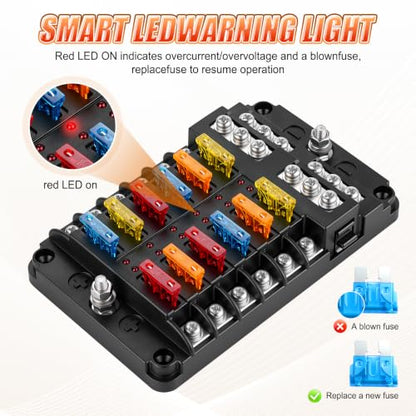 GaRhomxy 12 Way Fuse Block, 12V Marine Fuse Block with LED Warning Indicator, Waterproof Boat Fuse Panel & Power Distribution Block, 12-24V DC Fuse Box for Car Boat Marine RV Truck Van ATO/ATC - size: 12 Way