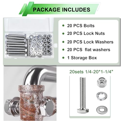 20 Sets 1/4-20×1-1/4" Stainless Steel Hex Head Screws Bolts, Nuts, Flat & Lock Washers,18-8(304) Full Thread - color: Silver-hex, size: 1/4-20×1-1/4"(20 sets)
