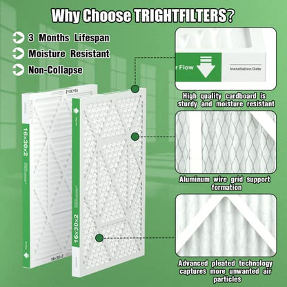 16x30x2 Air Filter TRIGHTFILTERS, Durable MERV 8 Pleated Home HVAC AC Furnace Heater Filters Replacement, Lightweight Compact Air Conditioner Filters 4 Pack - size: 29.6" x 15.6" x 1.8"