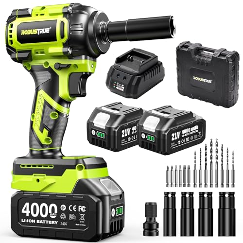 Robustrue Cordless Impact Wrench, 590Ft-lbs (800N.m) Brushless 1/2 inch, 2800RPM High Torque Impact Gun, 2x 4.0Ah Battery, Charger, 4 Sockets, Electric Impact Wrench for Car Home - size: 800N.m