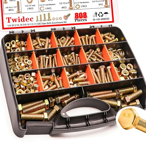 Twidec/808pcs Grade 8.8 Hex Head Nuts and Bolts Assortment Kit,SAE Bolt Assortment, 1/4-20 5/16-18 3/8-16 1/2-13 SAE Heavy Duty Bolts and Nuts Kit, Flat & Spring Lock Washer Gold Zinc Plating - color: Golden 808PCS 1/4-20 5/16-18 3/8-16 1/2-13