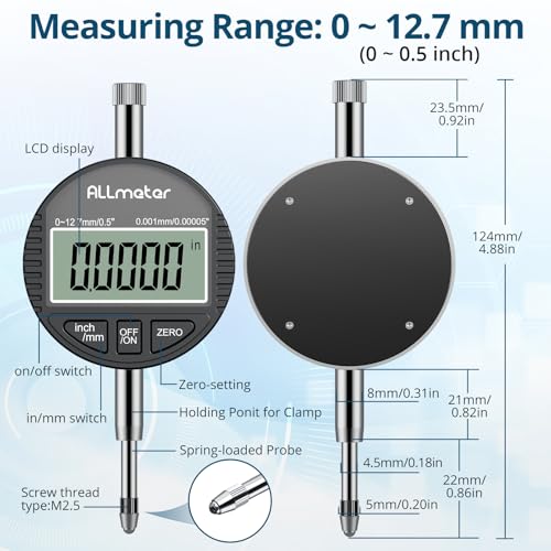 Digital Dial Indicator, 0-12.7mm Range, 0.001mm Resolution - size: 0-12.7mm,0.001mm