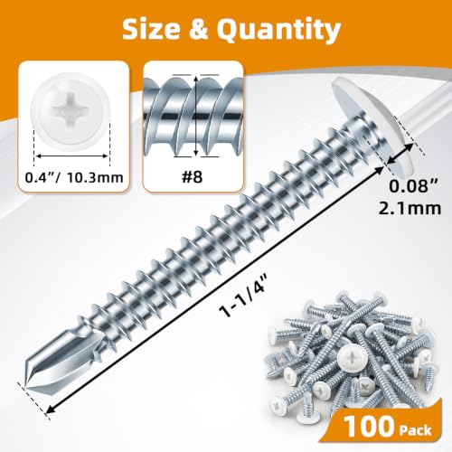 Mellewell #8 x 1-1/4" Modified Truss Head Fast Self Tapping Screws, White Head Self Drilling Sheet Metal Screws, Carbon Steel, Screwdriver Bit Included, 100 PCS - color: White, size: #8 x 1-1/4"