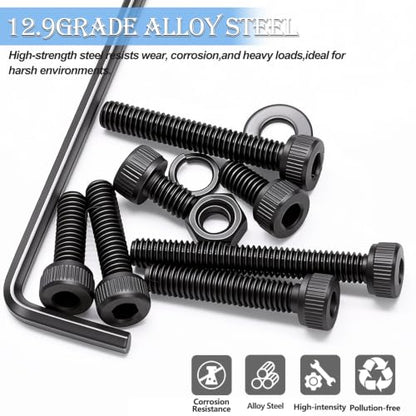 mxuteuk 521PCS M4 Screws Assortment Kit,M4×6/8/12/16/20/30mm 6 Size Hex Socket Head Cap Bolts, Nuts & Washers Set,12.9 Grade Alloy Steel Black Zinc M4 Bolts for Mechanical, Repair & DIY - size: 521PCS M4
