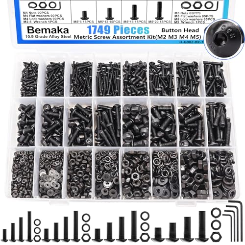 1749Pcs Metric Screw Assortment Kit, M2 M3 M4 M5 Metric Bolts and Nuts Kit with Lock & Flat Washers, 10.9 Grade Alloy Steel Button Head Socket Cap Screws for 3D Printing - color: BK-M2 M3 M4 M5