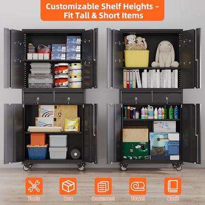 Reemoon 71" H Metal Storage Cabinet with Pegboard and 2 Drawers,Black - color: Black, size: 15"D x 30.1"W x 71"H