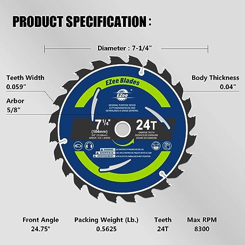 EZee 7-1/4 Inch 24 Teeth with 5/8 Inch Arbor Circular Saw Blades,0.06 Inch Thin Kerf,Tungsten Carbide Tipped(TCT) ATBR Teeth Fine Finish for Various Wood Cutting,Framing,Max RPM 8300(1-Pack) - size: 7-1/4" 24T (1-pack)