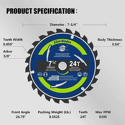 EZee 7-1/4 Inch 24 Teeth with 5/8 Inch Arbor Circular Saw Blades,0.06 Inch Thin Kerf,Tungsten Carbide Tipped(TCT) ATBR Teeth Fine Finish for Various Wood Cutting,Framing,Max RPM 8300(1-Pack) - size: 7-1/4" 24T (1-pack)