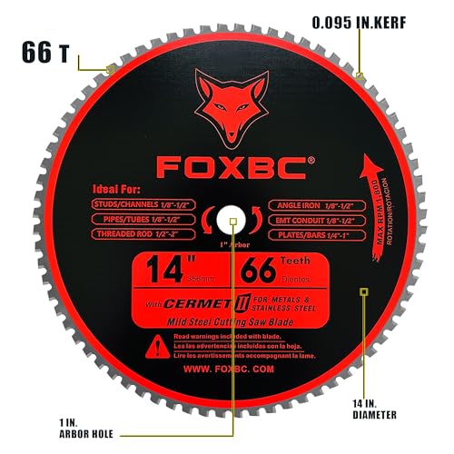 FOXBC 14 Inch Metal Steel Cutting Saw Blade 66 Tooth for Evolution 14 Inch Chop Saw and Other, Cermet Carbide Up to 5X Longer Life - size: Mild Steel