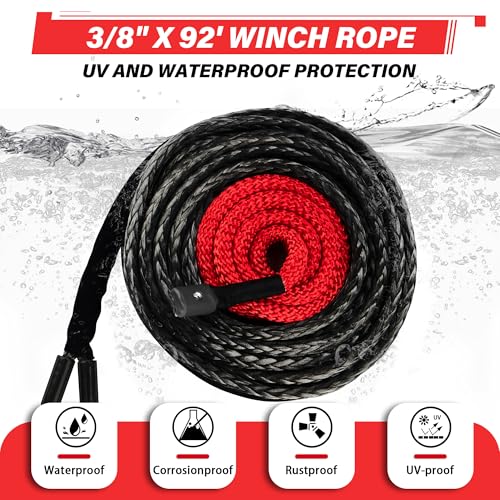 TYT Synthetic Winch Rope Kit - 3/8" x 92' with 27000 lbs Strength, Protective Sleeve, Heavy Duty Hook and Safety Pull Strap for Off-Road 4x4 Vehicles (Black) - color: Black, size: 3/8" x 92'