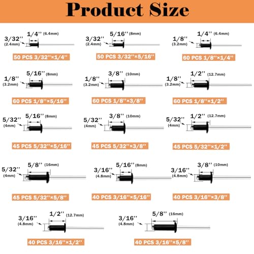 Pop Rivet Gun with Pop Rivets Assortment Kit,1000PCS 21 Sizes Black Pop Rivets, Large Flange Rivets, Washers for DIY/Automotive Repairs/Furniture,Packed in Portable Toolbox - size: 1001PCS