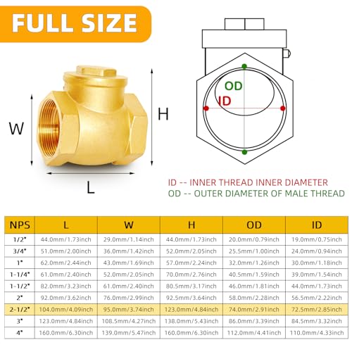 2-1/2" NPT Horizontal Swing Check Valve Brass Heavy-Duty Female Thread DN65 - size: 2 1/2 inch