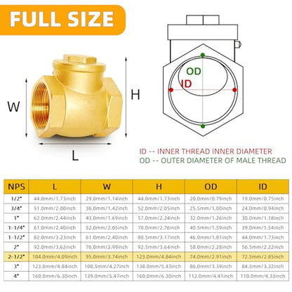 2-1/2" NPT Horizontal Swing Check Valve Brass Heavy-Duty Female Thread DN65 - size: 2 1/2 inch