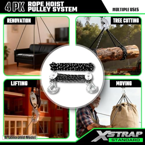 XSTRAP STANDARD Heavy-Duty 50 FT Reflective Rope Hoist Pulley System, Black - color: 50ft Black with Reflective Strips