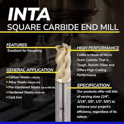 SPEED TIGER INTA Carbide Roughing End Mill - for Alloy Steels/Hardened Steels - Micro Grain Carbide End Mill - ZrN-A Coating - 4-Flute - INTA5/16-4 (1 Piece, 5/16") - size: 5/16 in