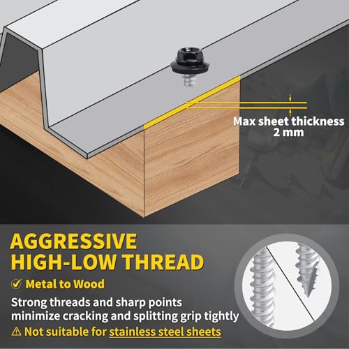 Metal Roofing Screws #10 × 1", 300 PCS, FIXLINK Baking Paint Hex Head Rubber Washer Sheet Metal Roof Screws Self Tapping Metal to Wood Siding Screws, Hex Socket Included, Black - color: Black, size: #10 x 1"