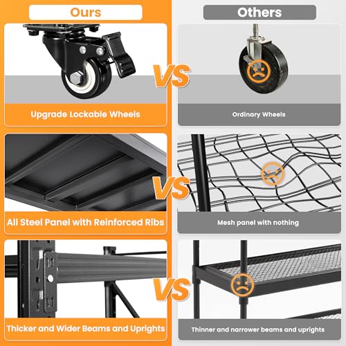 55.1” Wide Heavy Duty Metal Garage Shelving, Steel Shelf with Wheels - color: Matte Black, size: 55.1"Wx23.6"Dx75.6"H