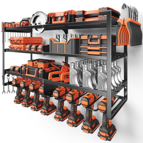 Large Power Tool Organizer Wall Mount,4 Layer Heavy Duty Metal Tool Storage Rack Loads 300lbs with 8 Cordless Drill Holder, Utility Rack Loads, Garage Storage, Gift for Men