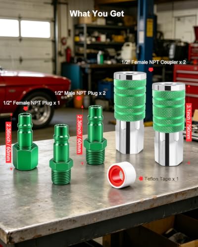 1/2" Air Hose Fittings Set, 5-Piece Quick Connect Accessories, 2pcs 1/2" Female NPT Industrial I/M Couplers & 3pcs Plugs, 300 PSI Green Plated Heavy Duty Iron, for Pneumatic Tools, Garage - size: 5 PCS Female Thread-1/2"
