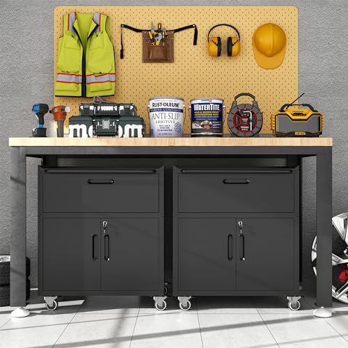 Metal Mobile Tool Storage Cabinet with 2 Locking Door and 1 Drawer - color: Black, style: 1 drawer 2 doors with wheels