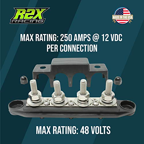 4 Post Power Distribution Block Bus Bar Pair with Cover - Made in The USA - 250 Amp Rating – Marine Bus Bar, Automotive, and Solar Wiring – Battery Terminal Distribution Block - (3/8” Black) - size: 3/8" - Black