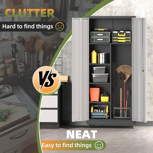 71''H Metal Garage Storage Cabinet with Wheels, Broom Cabinet with Lock - color: Black Gray, size: 71''h broom cabinet
