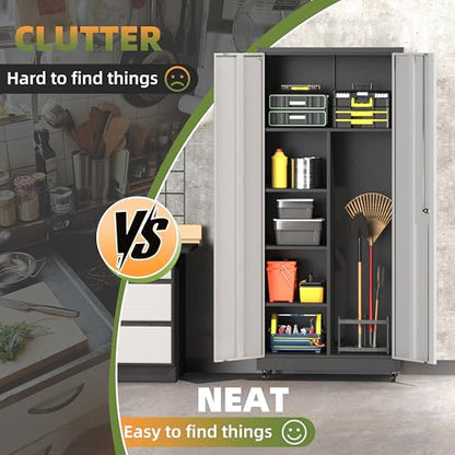 71''H Metal Garage Storage Cabinet with Wheels, Broom Cabinet with Lock - color: Black Gray, size: 71''h broom cabinet