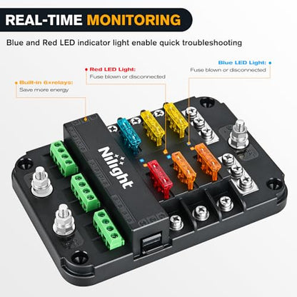 Nilight 6 Way Fuse Relay Block with Acc Control Negative Bus 12V Blade Holder ATC/ATO Box Label Stickers Waterproof Cover Panel for Automotive Cars Motorcycle RVs Vans - color: 6Way Fuse Block w/Relay