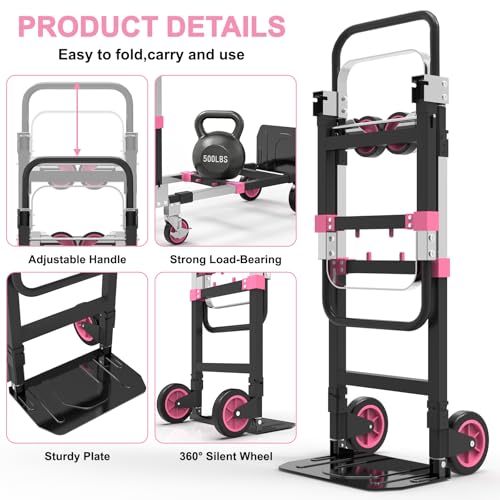 3-in-1 Folding Heavy Duty Hand Truck Dolly Cart Trolley with Wheels (Pink) - color: Pink