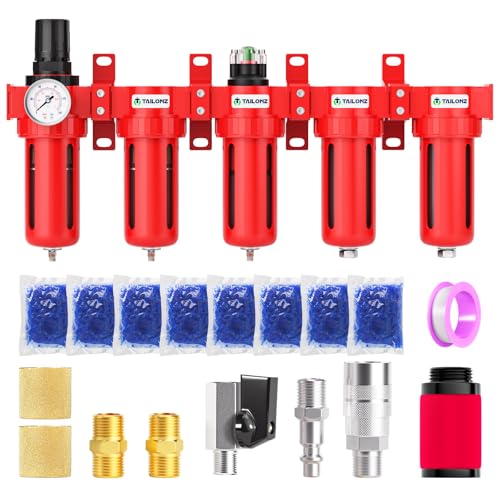 TAILONZ PNEUMATIC 0-150PSI 3/8 Inch NPT Red Industrial Grade 5 Stage Air Drying System, Particulate Filter, Coalescing Filter, Double Desiccant Dryer and Air Regulator (Manual Drainage) - color: 5 Stage(3filter+2dryer), size: 3/8" NPT/Munual Drainage
