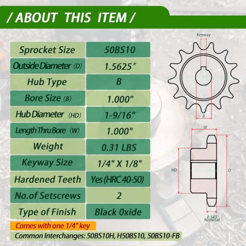 50BS10-1#50 Roller Chain Sprocket 10 Tooth 1" Bore Finished Bore Type B, Black Oxide Hardened Carbon Steel with Keyway, 2 Set Screws & Key for Industrial Machinery - size: 1 inch, style: 10tooth