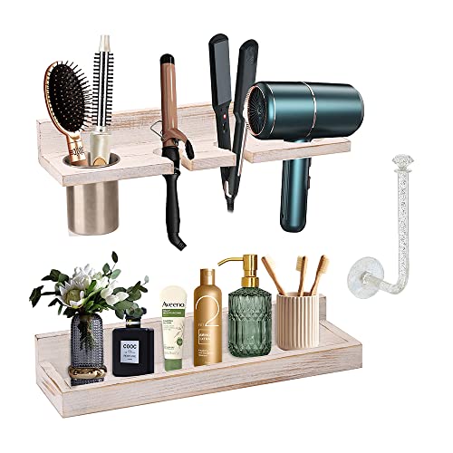 Wall Mount Hair Tool Organizer, 2 Tier Rustic Wooden Blow Dryer Holder - color: White