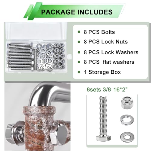8 Sets 3/8-16×2" Stainless Steel Hex Head Screws Bolts, Nuts, Flat & Lock Washers,18-8(304) Full Thread - color: Silver-hex, size: 3/8-16×2"(8 sets)