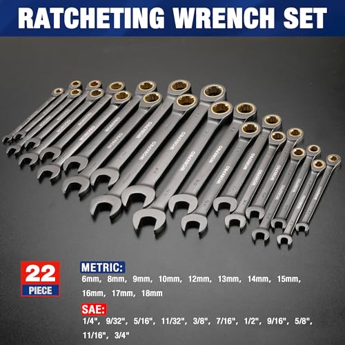 WORKPRO 22 PCS Ratchet Combination Wrench Set with Tool Box, Nickel Plating - style: Regular & Nickel Plating