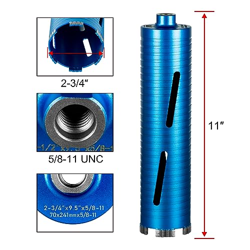 SALI Diamond Core Drill Bits 2 3/4" Diameter 10"/254mm Drilling Depth 5/8-11" Thread Core Bit Turbo Laser-Welded Segments for Cured Concrete with, Brick, Block, Masonry, with Two Adapters - size: 2 3/4 inch