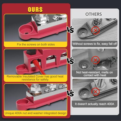 MOFEEZ Bus Bar Pair, 4x3/8 Post, 3X#10 Screws, 48V 400A, Red & Black - size: 4 x 3/8"
