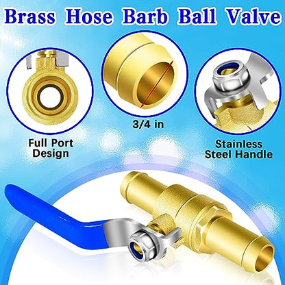 3/4'' Heater Hose Shut Off Ball Valves, 2Pcs Brass Barb Shut Off Ball Valves, 3/4'' PEX Shut Off Valves for Heater Hose, with 4Pcs Stainless Steel Clamps, Use for Water, Oil, Gas, Fuel line Fittings - size: 3/4 inch